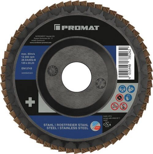 Promat Lamellenslijpschijf | ZA40Q-B 2in1 | d. 125 mm korreling 40 plat | RVS staal zirkoniumkorund 4000845303