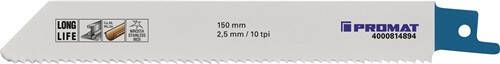 Promat Reciprozaagblad | lengte 150 mm breedte 19 mm | tandverdeling TPI 10 2 5 mm | gefreesd getordeerd | 5 stuks kaart 4000814894