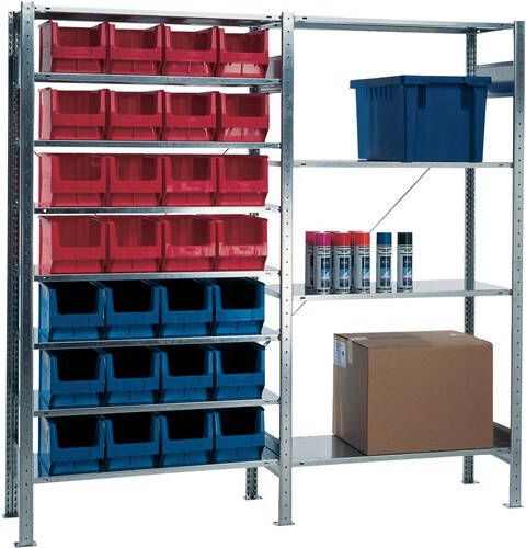 Promat Stellingkast | H2000xB1000xD400mm | uitbreidingsstelling | 8 stalen legplanken | 12 x MK3 blauw | 16 x MK3 rood 9000449843