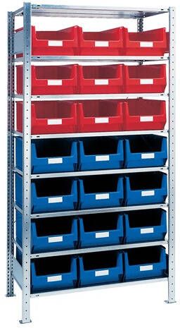 Promat Stellingkast | H2000xB1000xD500mm | basisstelling | 8 stalen legplanken | 12 x MK2 blauw | 9 x MK2 rood 9000449840