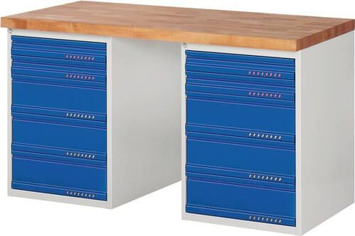 Promat Werkbank | serie BK 650 | B1500xD700xH840mm | beukenhout | lichtgrijs RAL7035 gentiaanblauw 9000425532