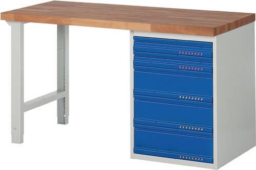 Promat Werkbank | serie BK 650 | B1500xD700xH840mm beukenhout massief | lichtgrijs RAL7035 gentiaanblauw RAL5010 | 5 laden 9000425528