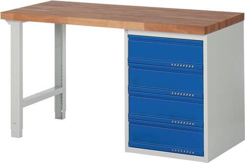 Promat Werkbank | serie BK 650 | B1500xD700xH840mm beukenhout massief | lichtgrijs RAL7035 gentiaanblauw RAL5010 | 4 laden 9000425524