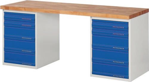 Promat Werkbank | serie BK 650 | B2000xD700xH840mm | beukenhout | lichtgrijs RAL7035 gentiaanblauw 9000425533