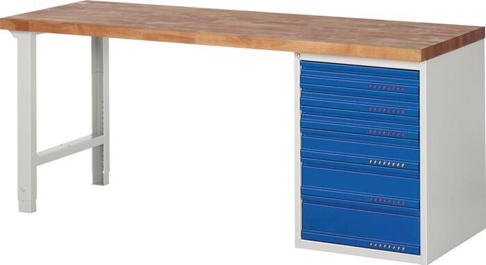 Promat Werkbank | serie BK 650 | B2000xD700xH840mm beukenhout | lichtgrijs RAL7035 gentiaanblauw RAL5010 | 6 laden 9000425535