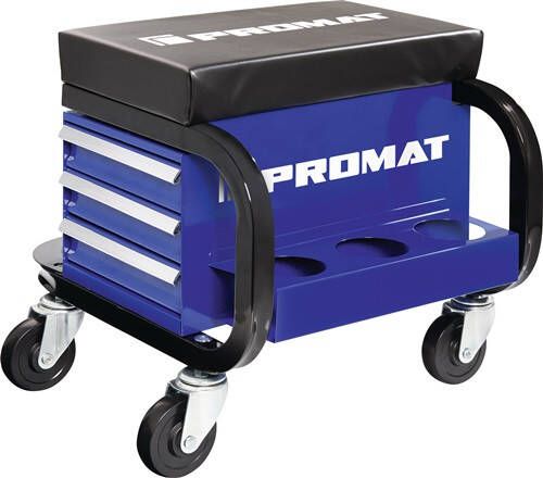 Promat Werkplaatsrolzit | met wielen en aflegplank | leerpolster blauw zwart 4000871041