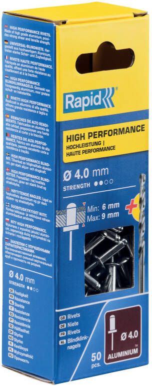 Rapid High performance blindklinknagels Ø4 0 x 12 mm 50 stuks + boor 5000384