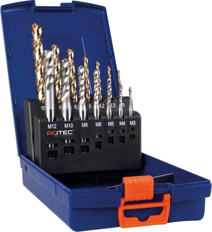 Rotec 7+7 dlg handtappen + boren M3-M12 in ABS cassette 900.2002K 900.2009C