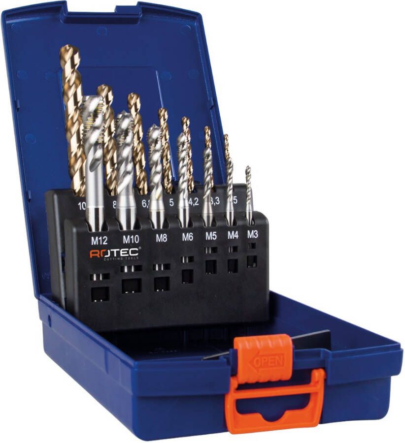 Rotec 7+7 dlg. set machinetappen &apos;330&apos; en spiraalboren &apos;110&apos; M3-M12 900.2009C