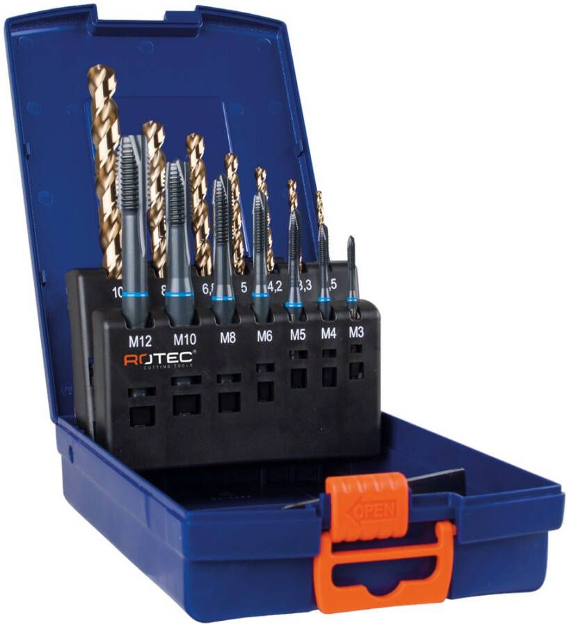 Rotec 7+7 dlg. set machinetappen '331' en spiraalboren '110' M3-M12 900.2009IC - Foto 1