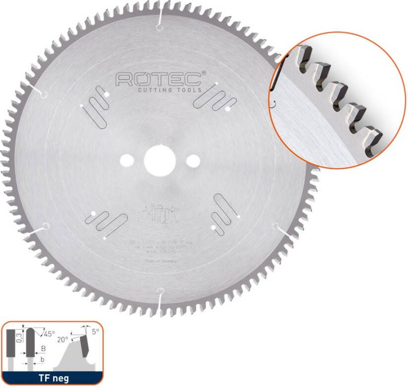 Rotec HM zaagblad voor NF-metalen ø250x2 8x30mm Z=80 TF neg 5552015