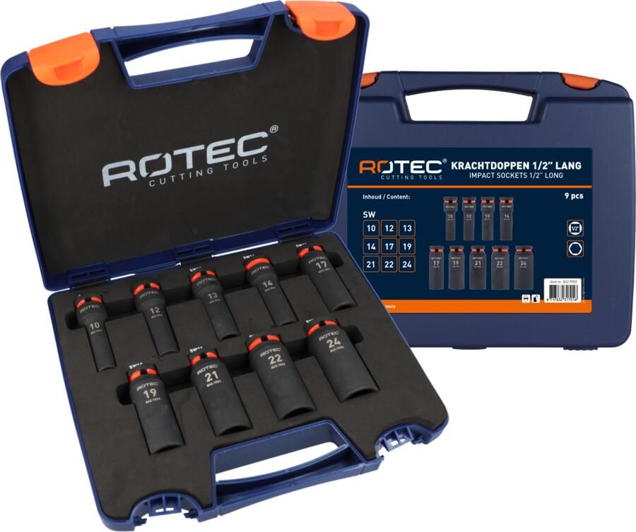 Rotec Krachtdoppen set | Binnenvierkant 1 2 | Lang | 9-delig | SW10SW24 842.9902