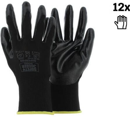 Safety Jogger Zwarte polyester veiligheidshandschoenen met een zwarte nitril coating | 12 Stuks | Zwart | SW0800008