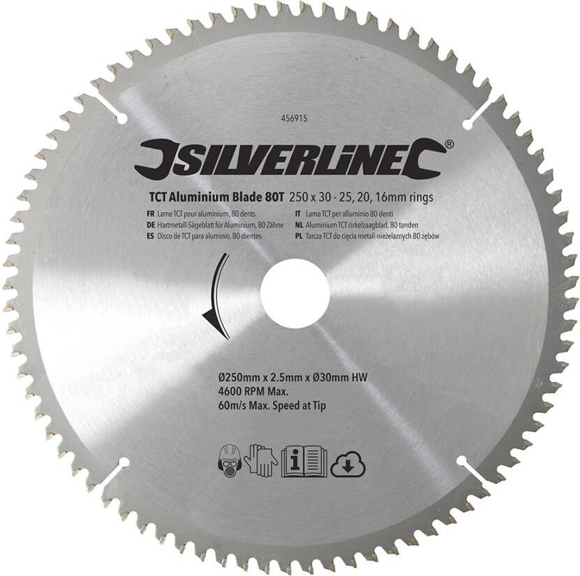Silverline Aluminium TCT cirkelzaagblad 80 tanden | 250 x 30 25 20 en 16 mm ringen 456915