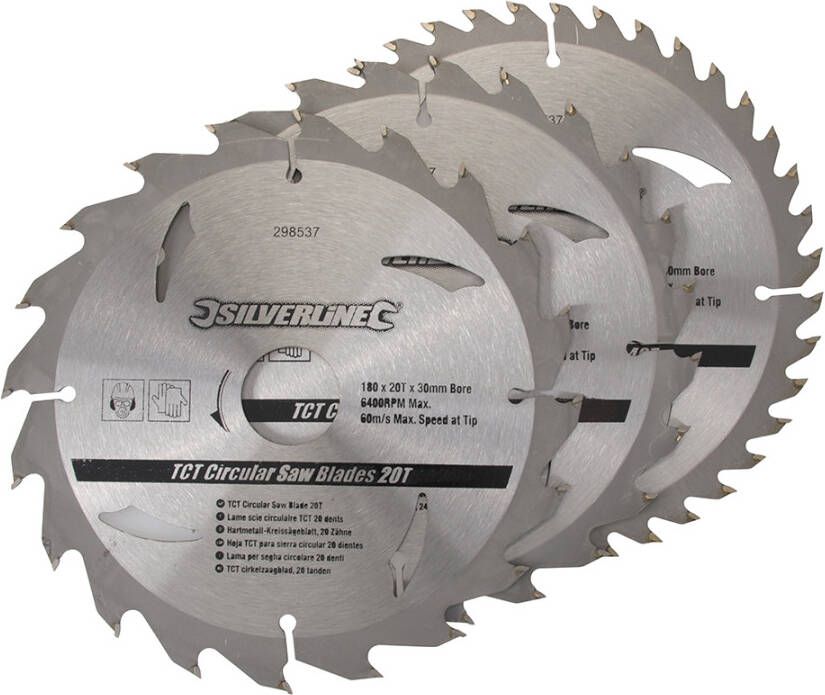 Silverline TCT cirkelzaagblad 20 24 40 tanden 3 pk. | 180 x 30 20 16 mm ringen 298537
