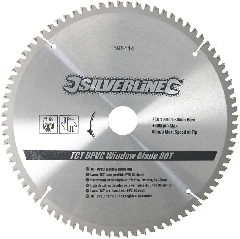 Silverline TCT UPVC frame cirkelzaagblad 80 tanden | 250 x 30 25 20 en 16 mm ringen 598444