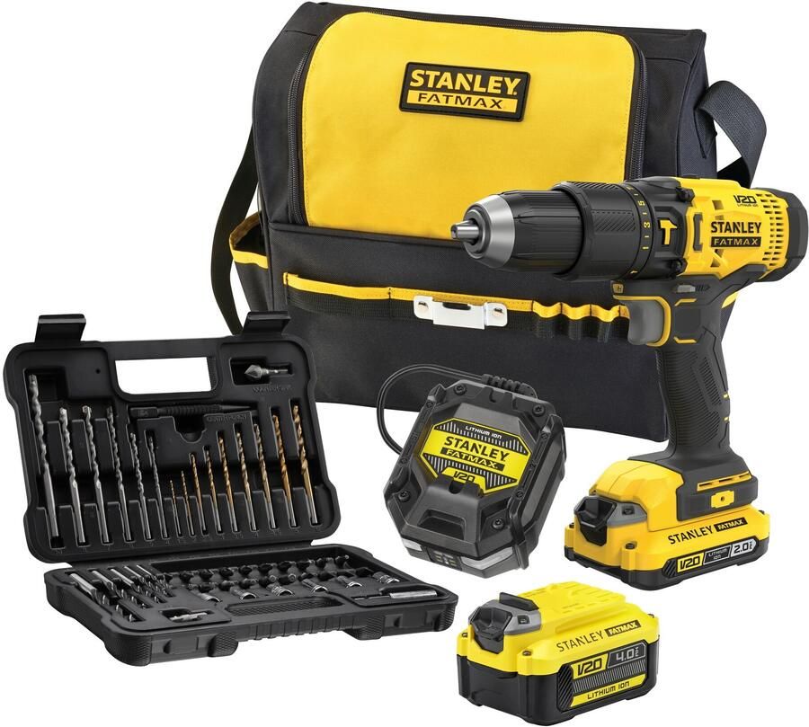 Stanley Powertools Stanley FATMAX SFMCD711DMA V20 KIT: 18V 1x2.0Ah 1x4.0Ah Schroefklopboormachine met 2 accu&apos;s en 50-delige accessoireset in softbag SFMCD711DMA-QW