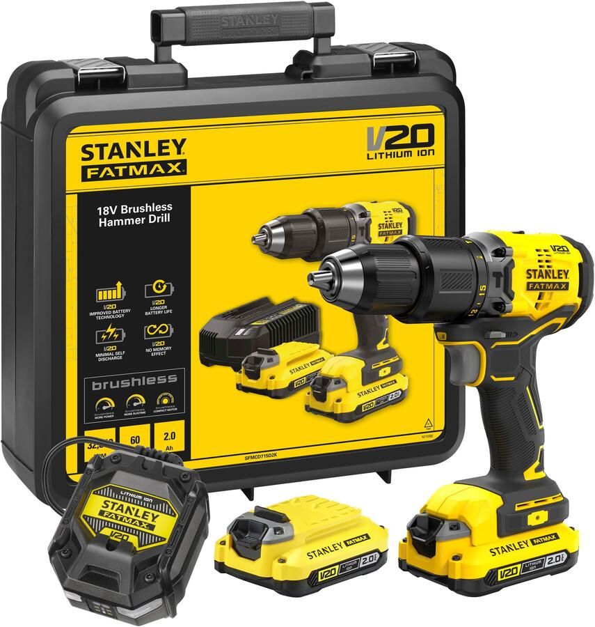 Stanley Powertools Stanley FATMAX SFMCD715D2K V20 18V BL Schroefklopboor | 2x 2.0Ah SFMCD715D2K-QW