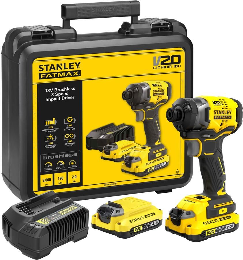 Stanley Powertools Stanley FATMAX SFMCF820D2K V20 18V Brushless Accu Slagschroevendraaier | 2 x 2.0Ah en lader | In Koffer SFMCF820D2K-QW