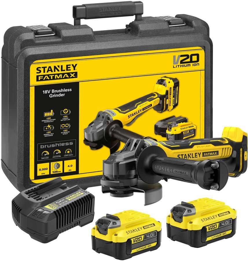 Stanley Powertools Stanley FATMAX SFMCG700M2K 20V MAX* Accu Haakse Slijper | 125 mm | 2x 4 0Ah Accu | Met lader | In koffer SFMCG700M2K-QW