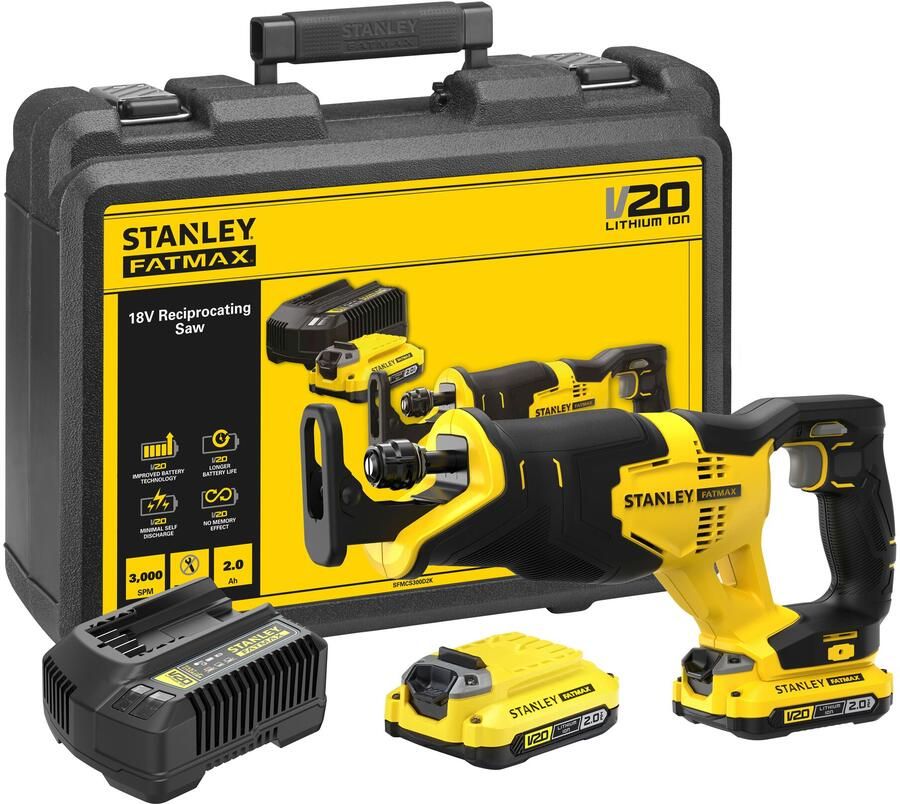 Stanley Powertools Stanley FATMAX SFMCS300D2K V20 18V Accu Reciprozaag | 2x 2.0Ah Accus + Lader | In Koffer SFMCS300D2K-QW