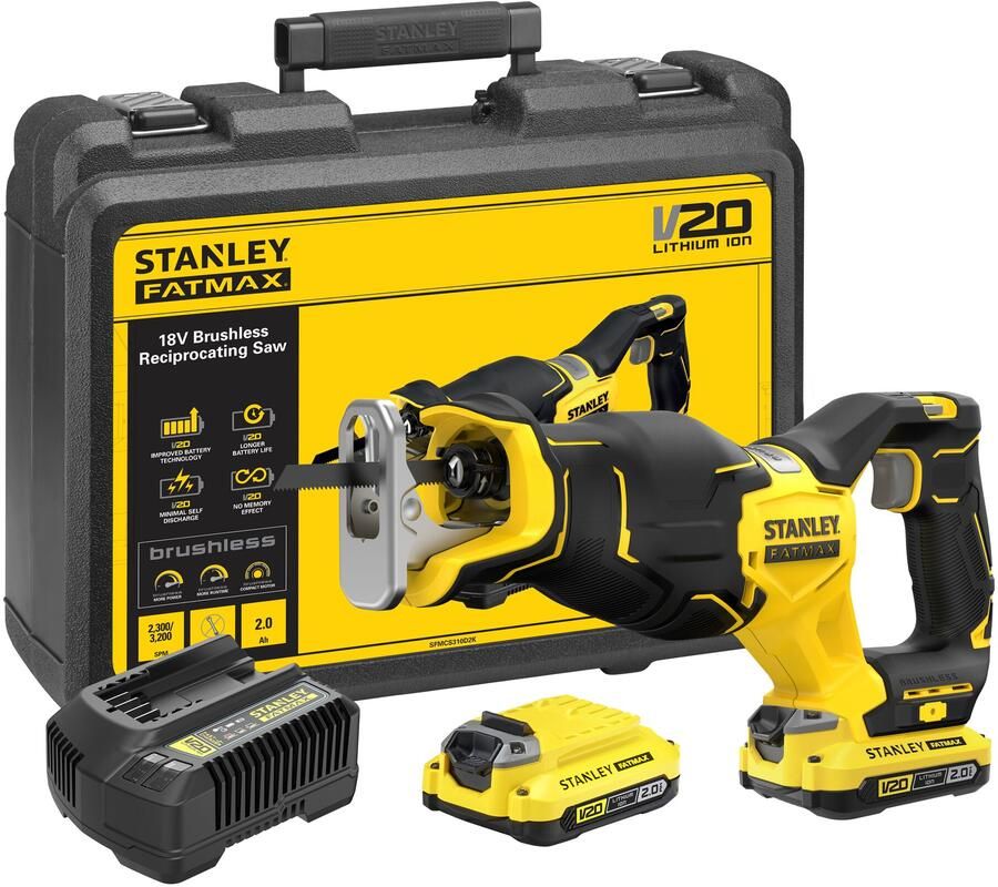 Stanley Powertools Stanley FATMAX SFMCS310D2K 20V MAX* Brushless Accu Reciprozaag | 2 x 2.0Ah Accu&apos;s + Lader | In Koffer SFMCS310D2K-QW