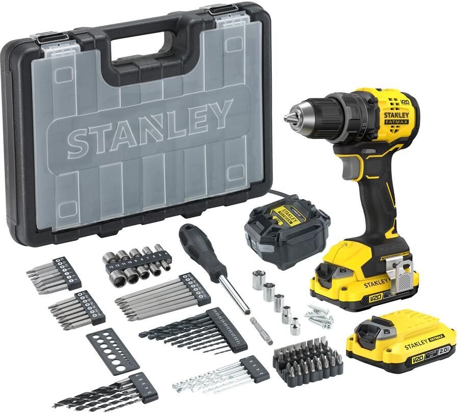 Stanley Schroefboormachine SFMCD714D2A-QW | Brushless | V20 | 18V | Incl. 100 accessoires in koffer | Incl. 2x 2.0Ah accu en lader SFMCD714D2A-QW