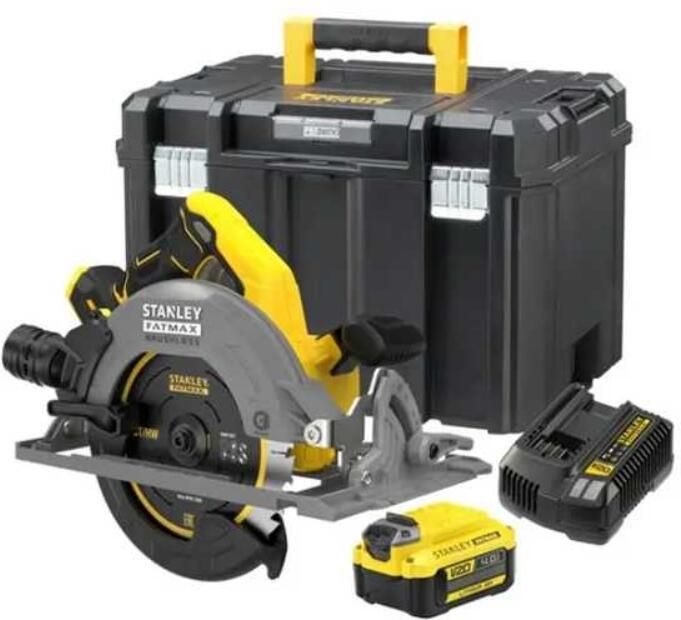 Stanley V20 18V Brushless Cirkelzaag SFMCS551R-BE 190mm (met 4.0Ah accu en lader) + Dubbel zijdige rail voor V20 SFMCS551R-BE