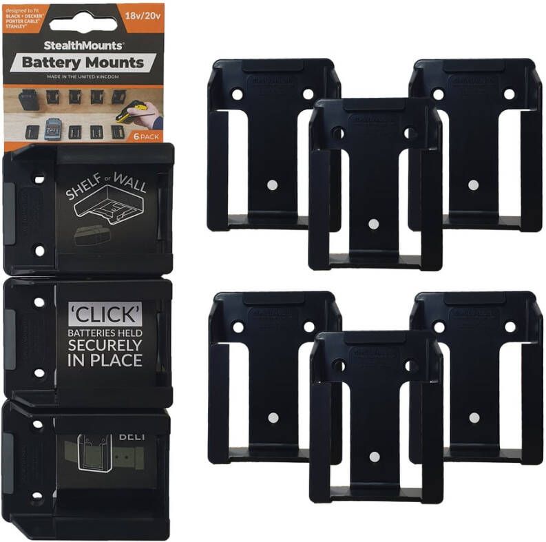 StealthMounts Batterijhouders Stanley Black&Decker Porter Kabel | Zwart | 6 stuks BM-SBP-BLK-6