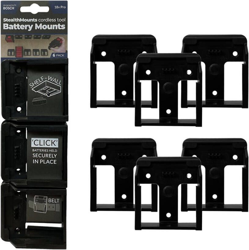 StealthMounts Batterijhouders voor Bosch 18v | Zwart | 6 stuks BM-BO18-6