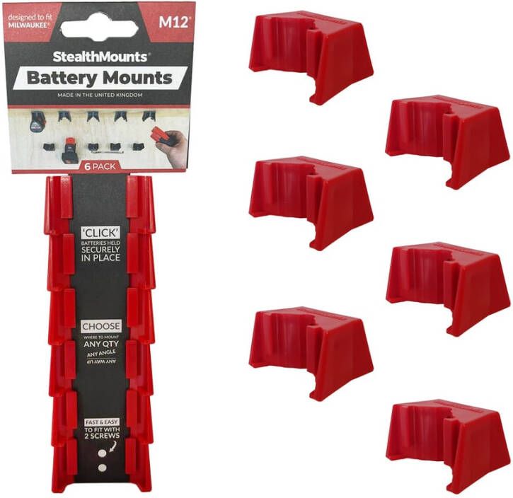 StealthMounts Batterijhouders voor Milwaukee M12 | Rood | 6 stuks BM-MW12-RED-6