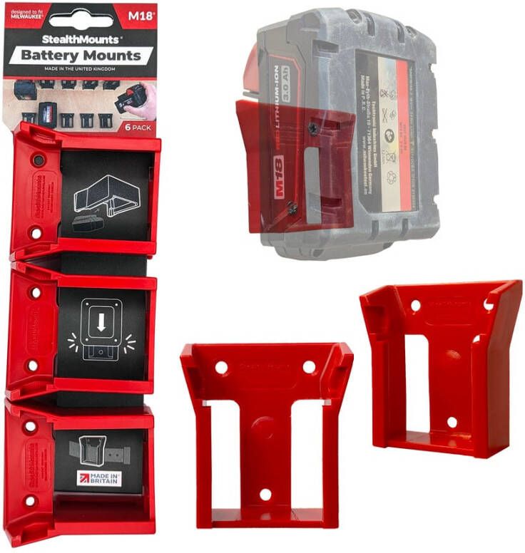 StealthMounts Batterijhouders voor Milwaukee M18 18v | Rood | 6 stuks BM-MW18-RED-6