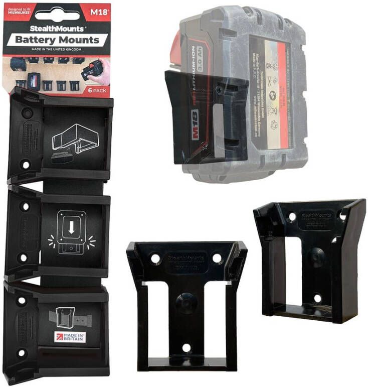 StealthMounts Batterijhouders voor Milwaukee M18 18v | Zwart | 6 stuks BM-MW18-BLK-6