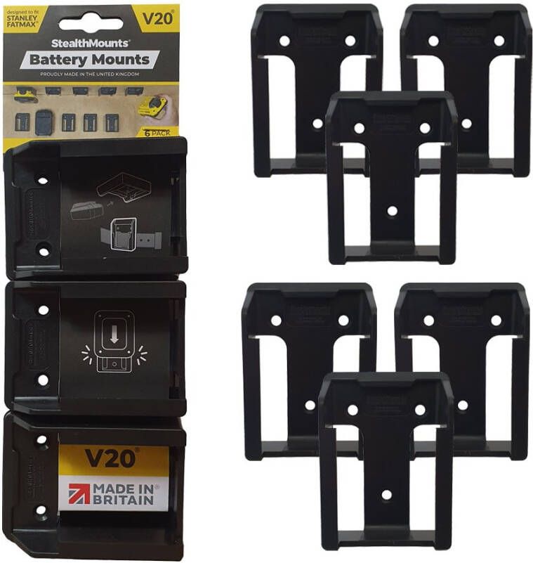 StealthMounts Batterijhouders voor Stanley V20 | Zwart | 6 stuks BM-ST20-BLK-6