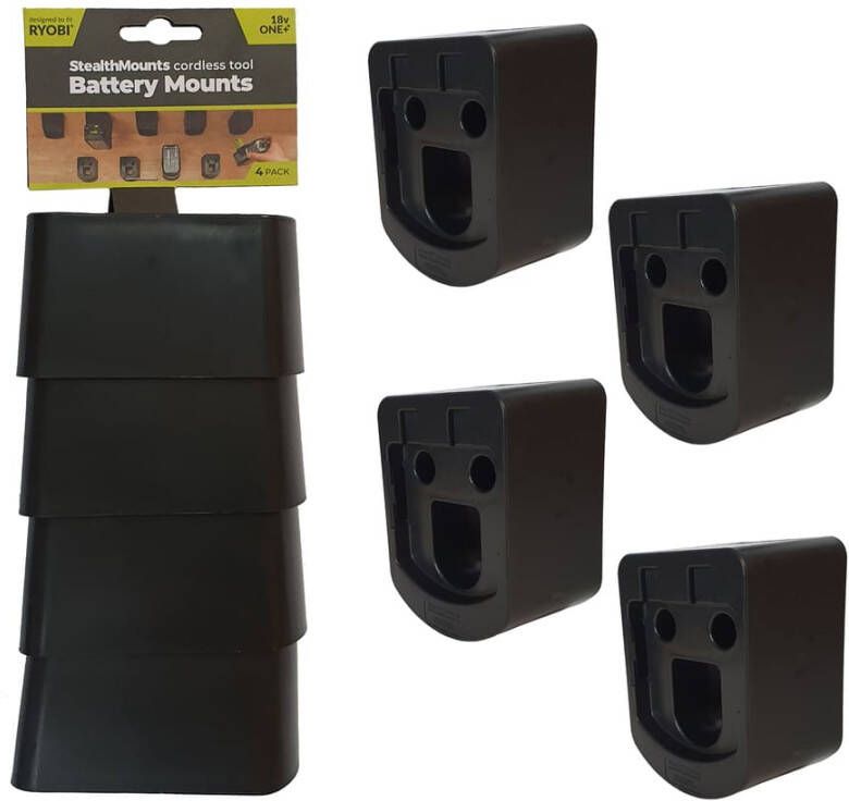 StealthMounts BM-RY18-4 Accuhouders voor Ryobi 18v ONE+ | Zwart | 4 stuks BM-RY18-4