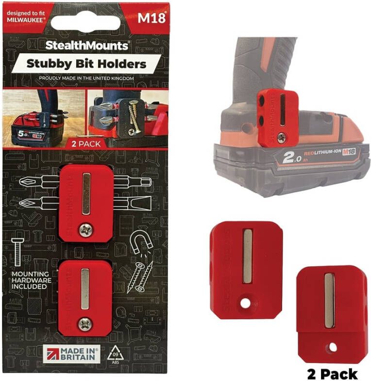 StealthMounts Stubby Bithouder voor Milwaukee M18 | Rood | 2 stuks BH-M18-S-RED