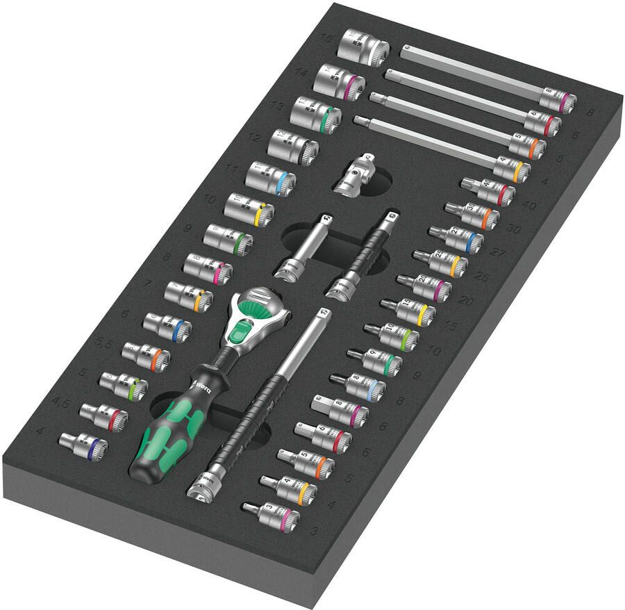 Wera 9720 Schuimrubberen inzetstuk met 8000 A Zyklop ratel 1 4" Set 1 37-delig 05150110001