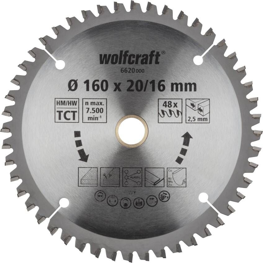 Wolfcraft Handcirkelzaagblad | HM | 48 Zähne | Ø160 x 20 16mm | 1 stuk 6620000