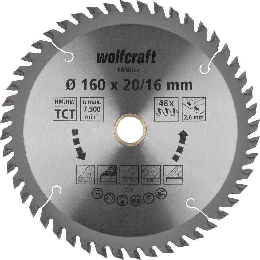 Wolfcraft Handcirkelzaagblad | HM | 48 Zähne | Ø160 x 20 16mm | 1 stuk 6630000