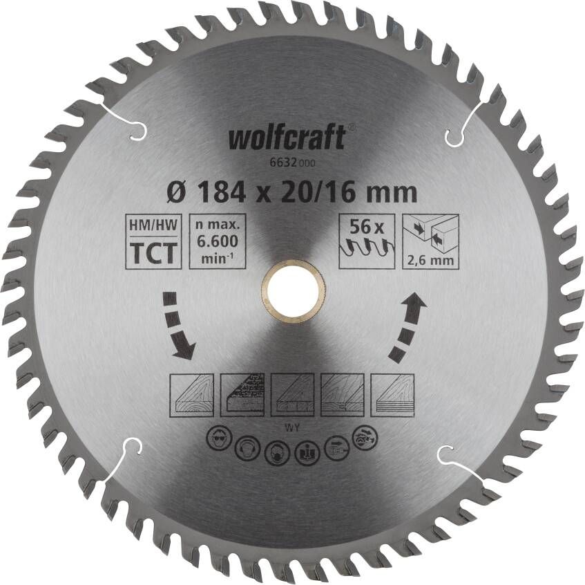 Wolfcraft Handcirkelzaagblad | HM | 56 Zähne | Ø184 x 20 16mm | 1 stuk 6632000