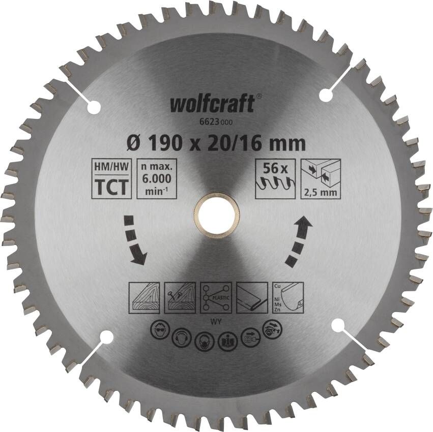 Wolfcraft Handcirkelzaagblad | HM | 56 Zähne | Ø190 x 20 16mm | 1 stuk 6623000