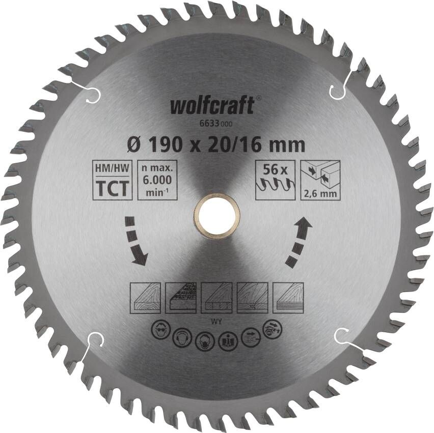 Wolfcraft Handcirkelzaagblad | HM | 56 Zähne | Ø190 x 20 16mm | 1 stuk 6633000