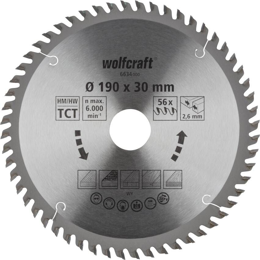 Wolfcraft Handcirkelzaagblad | HM | 56 Zähne | Ø190 x 30mm | 1 stuk 6634000