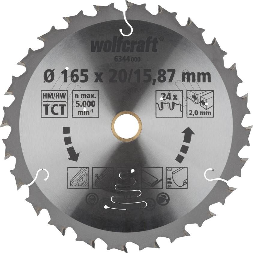 Wolfcraft Handcirkelzaagblad | Voor accu-handcirkelzagen | HM | Ø165 x 20 15 87mm | 1 stuk 6344000