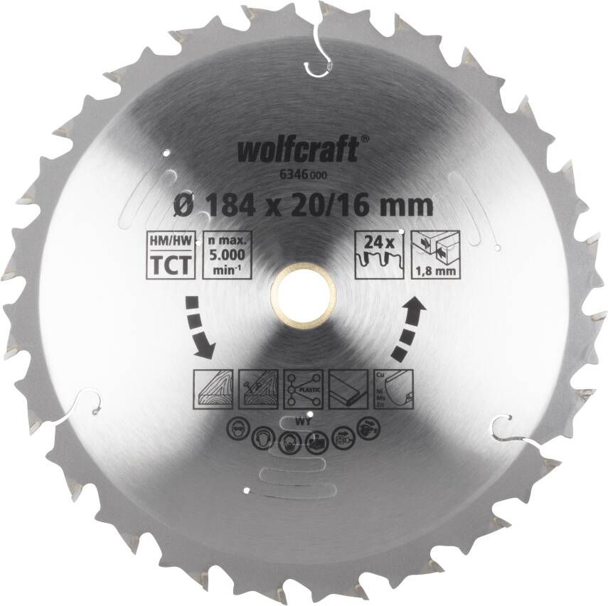 Wolfcraft Handcirkelzaagblad | Voor accu-handcirkelzagen | HM | Ø184 x 20 16mm | 1 stuk 6346000