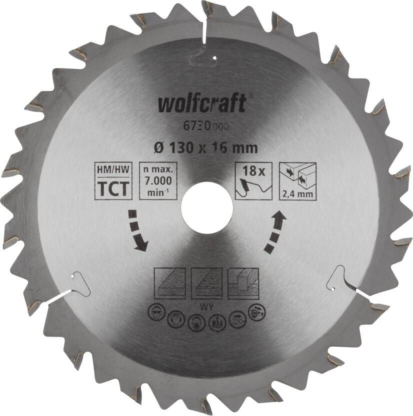 Wolfcraft HM Cirkelzaagblad | 18 td | Ø130 x 16 x 2 4mm | 1 stuk 6730000