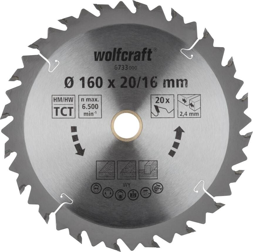 Wolfcraft HM Cirkelzaagblad | 20 td | Ø160 x 20 x 2 4mm | 1 stuk 6733000