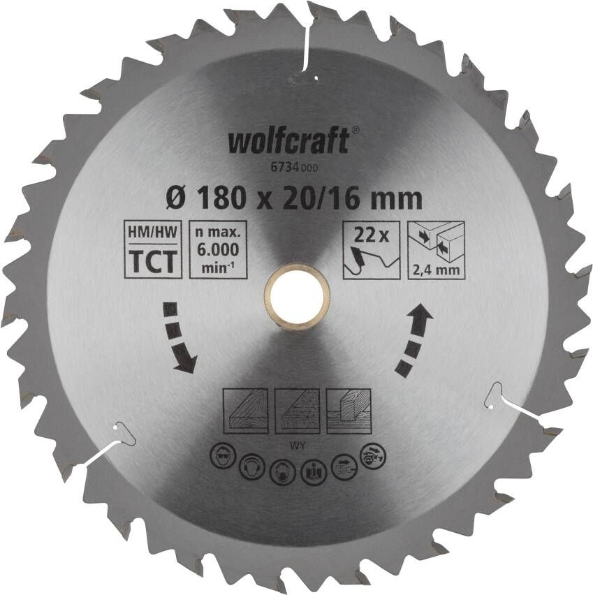 Wolfcraft HM Cirkelzaagblad | 22 td | Ø180 x 20 x 2 4mm | 1 stuk 6734000