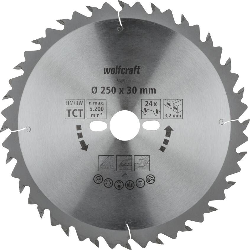 Wolfcraft HM Cirkelzaagblad | 24 td | Ø250 x 30 x 3 2mm | 1 stuk 6660000