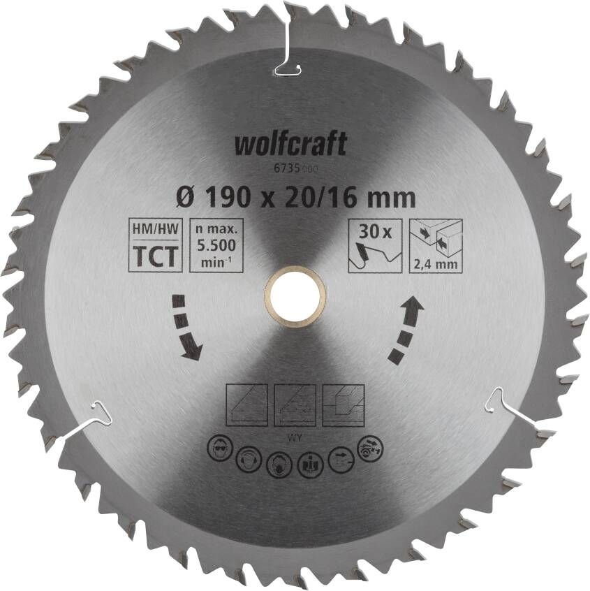 Wolfcraft HM Cirkelzaagblad | 30 td | Ø190 x 16 x 2 4mm | 1 stuk 6735000